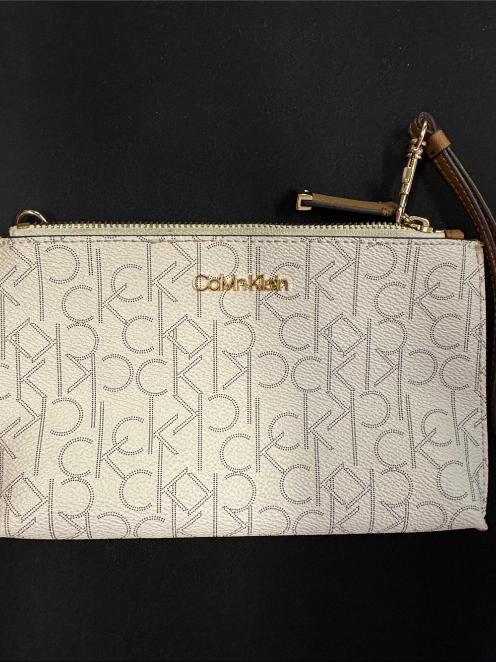 Calvin Klein Cream Monogram Wristlet with Brown Strap